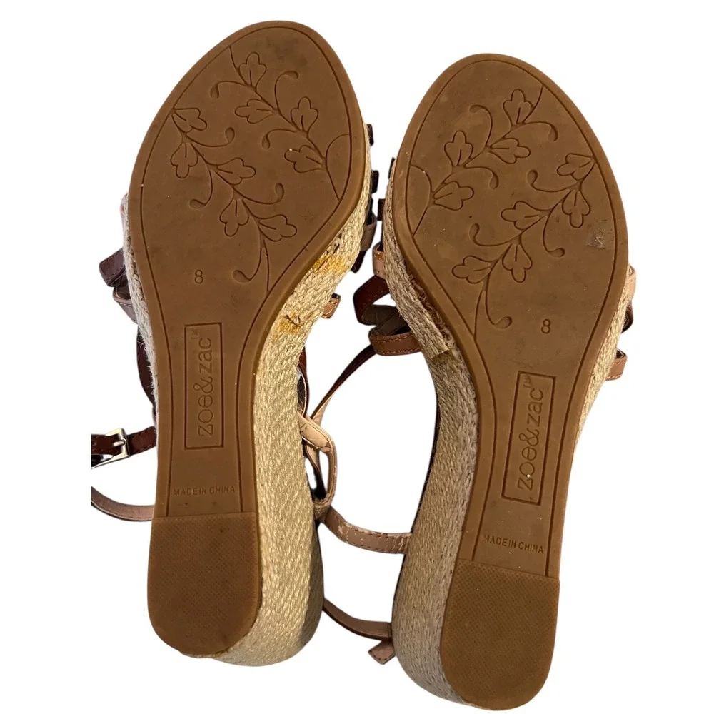 Zoe & Zac Women's Espadrille Wedge Sandals Brown Multi Strap Ankle Size 8